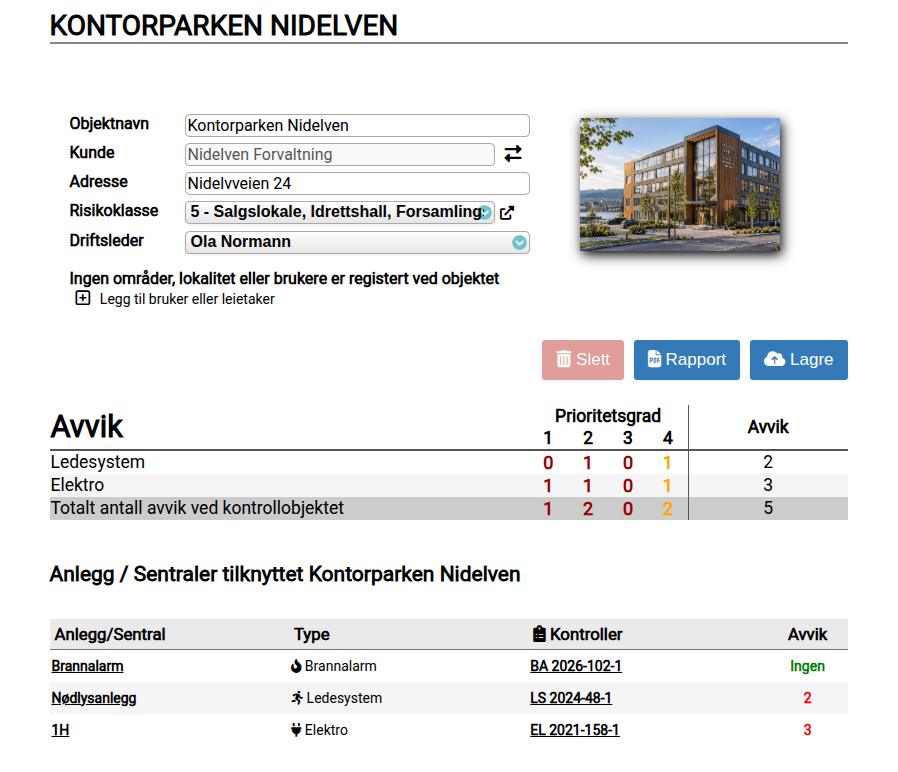 Kontrollobjekt i Inverio med anlegg og avvik